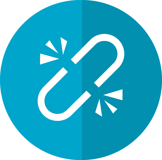 Une icône de lien brisé blanche affichée sur un fond circulaire bleu, symbolisant un lien déconnecté ou rompu.